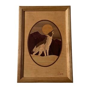 Vintage Hudson River Inlay Wooden Howling Wolf 
Art with Moon